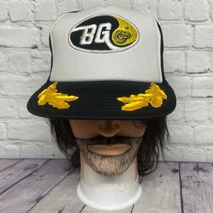 Vintage Hat Cap Snapback Black White Trucker Mesh Leaf Patch BG Gear Embroidered